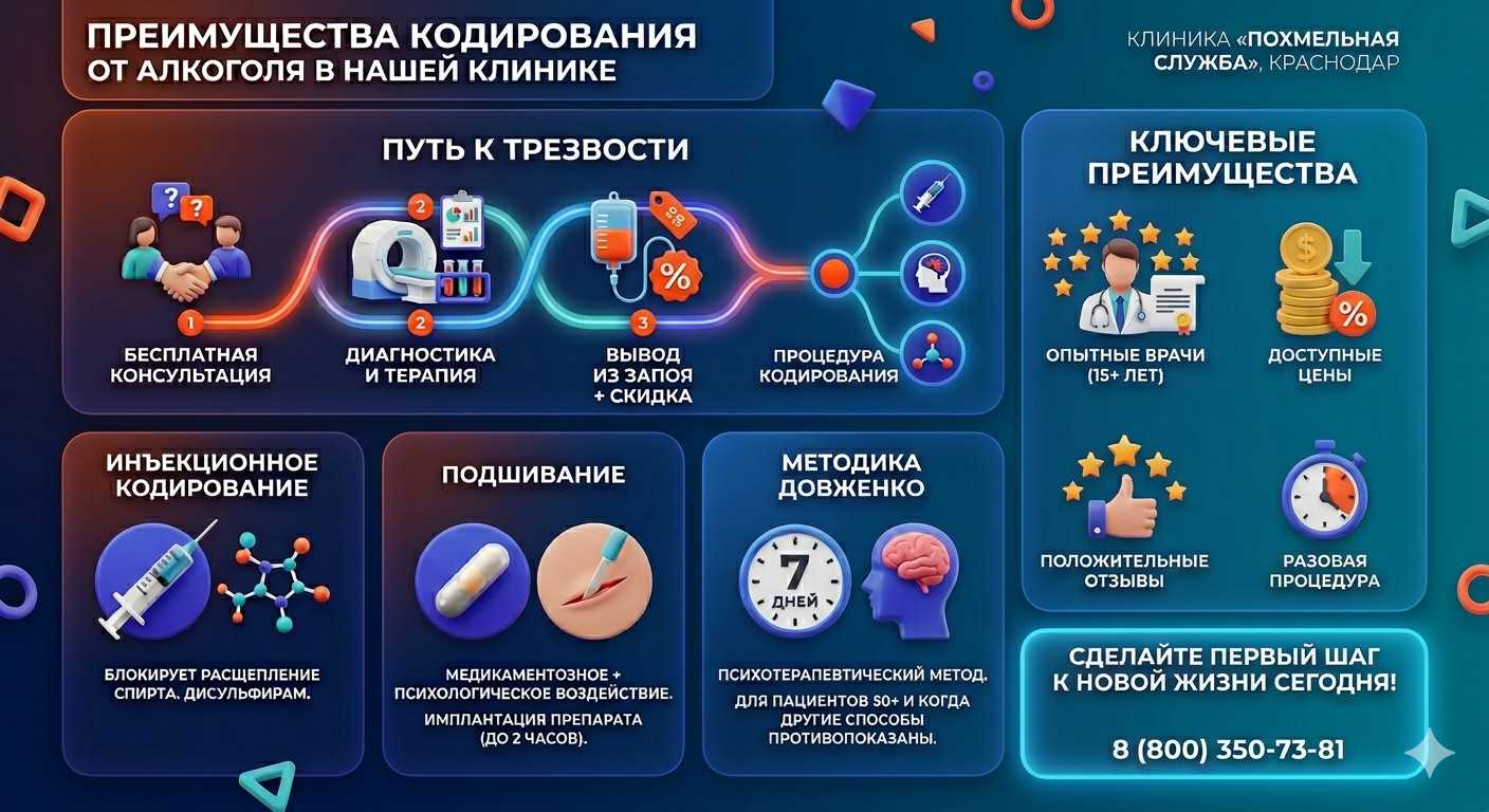 Инфографика о методах кодирования от алкоголя в Нюрбе: инъекции, подшивание, метод Довженко. Преимущества клиники и этапы лечения.